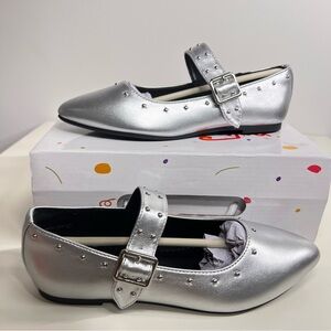 PandaNinja Girls Silver Mary Jane Shoes Studded Princess Flats Dress Shoes Size2